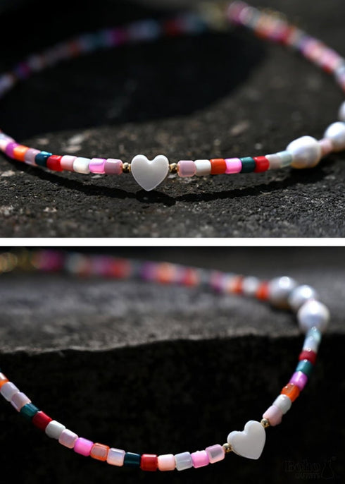 Boho Necklace, Seed Bead Choker, Pearl Heart